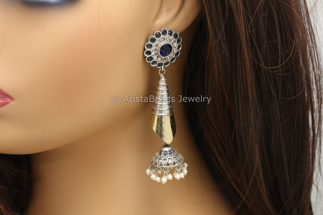 Long Dual Tone Jhumka - Blue