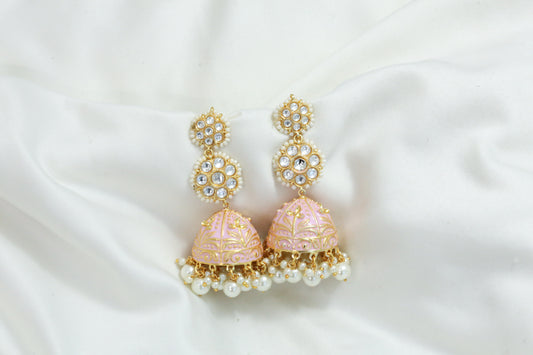 Kundan Polki Enamel Jhumka - Pink
