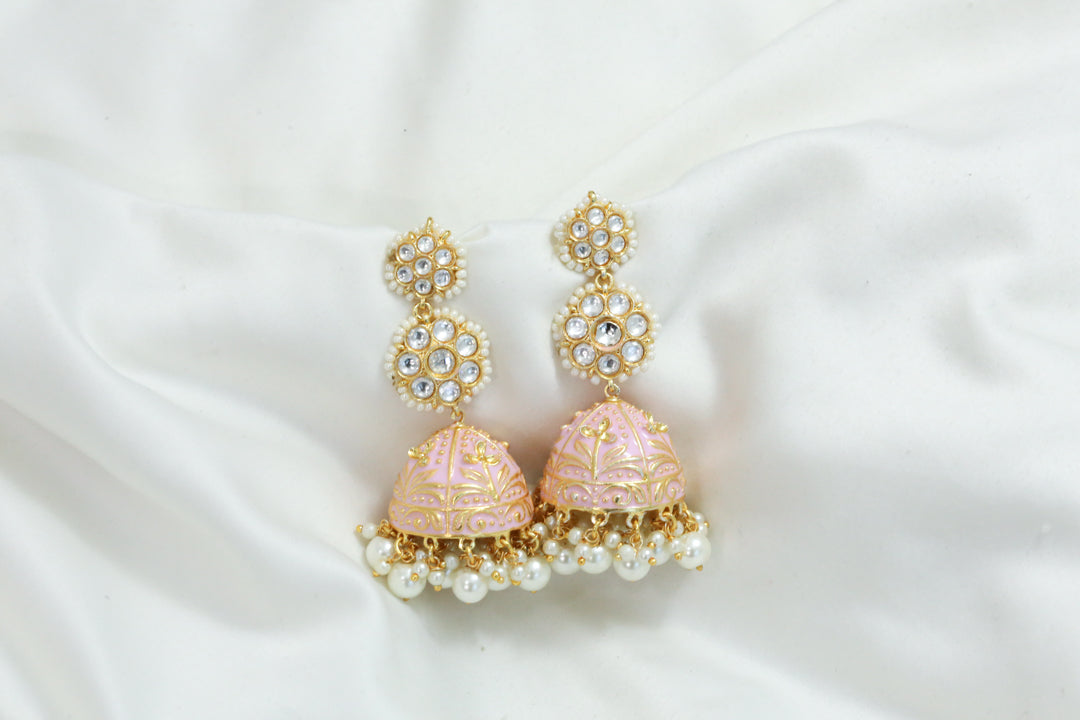 Kundan Polki Enamel Jhumka - Pink