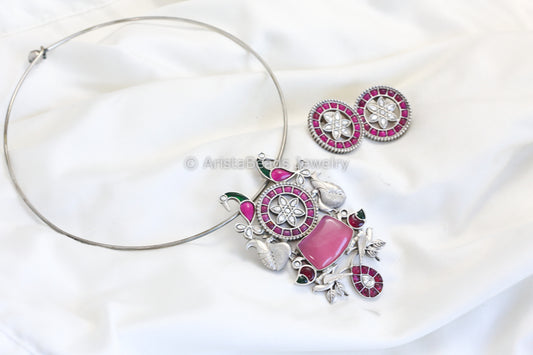 Silver Finish Jadau Look Hasli Set - Pink