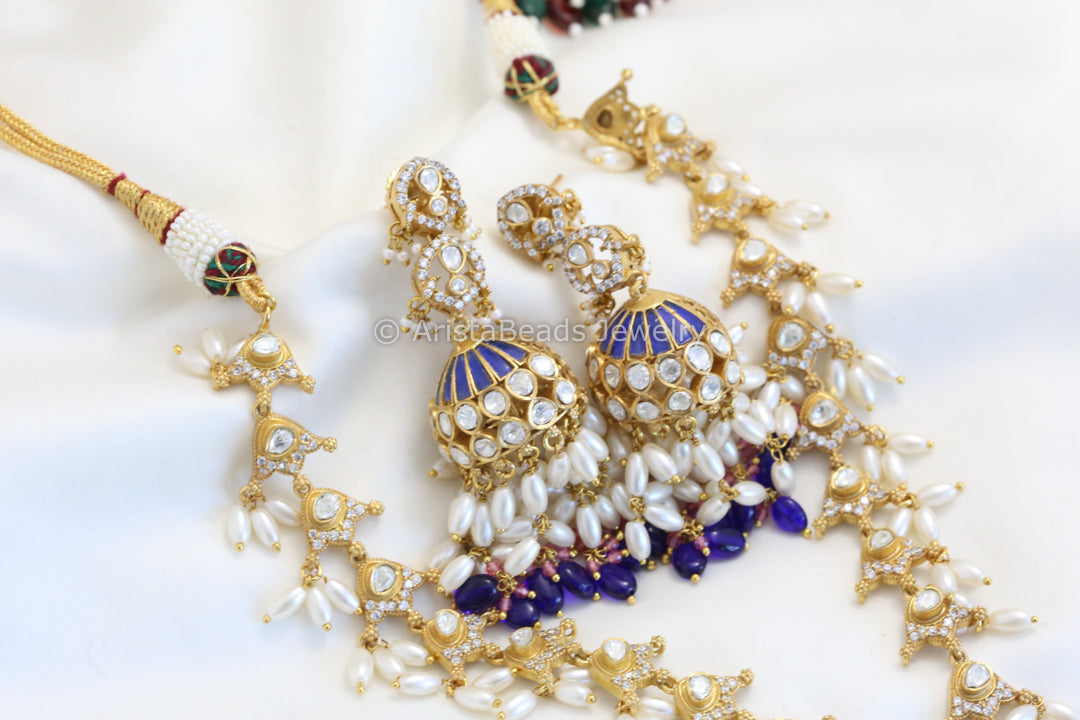 Real Moissanite & Jadau Jhumka Necklace Set - Blue