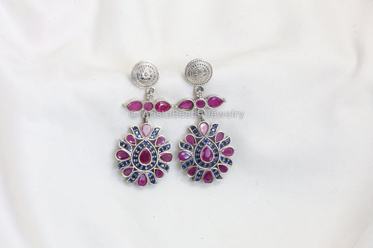 CZ Polki Silver Look Earrings - Blue Ruby