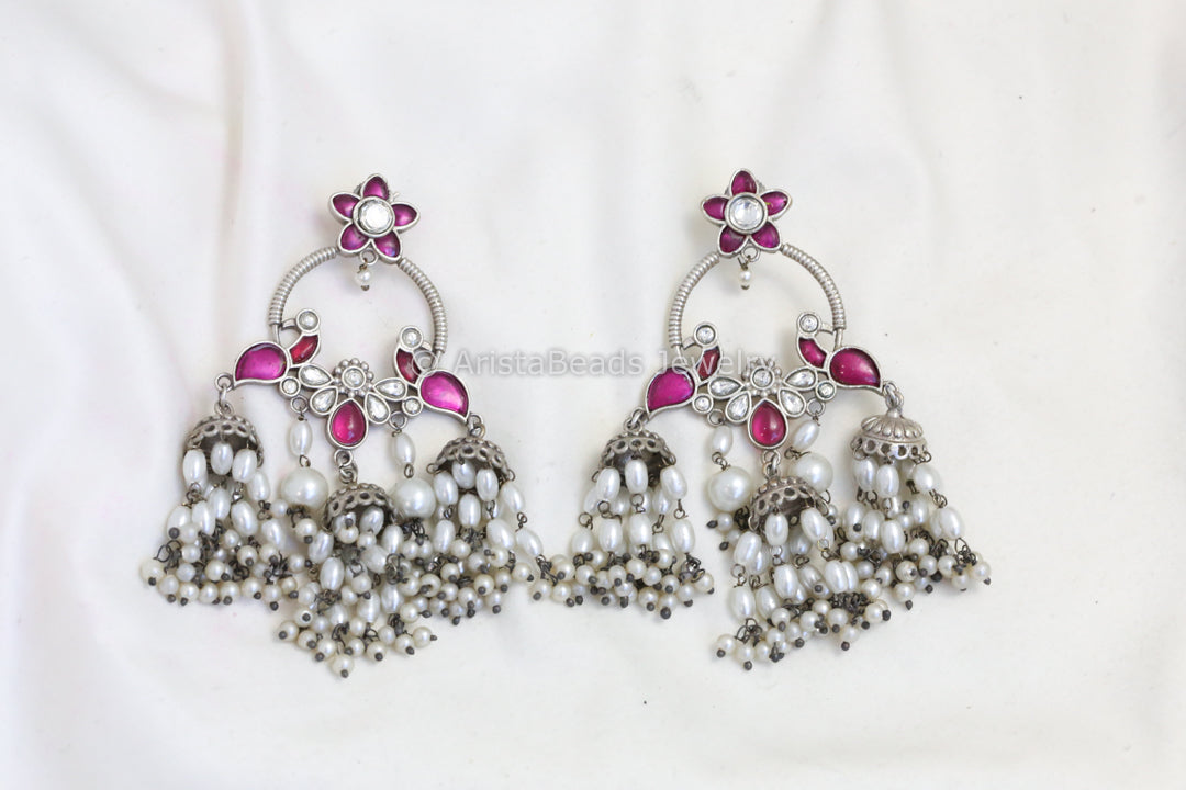 Long Silver Look Kundan Chandbaali Jhumka - Ruby
