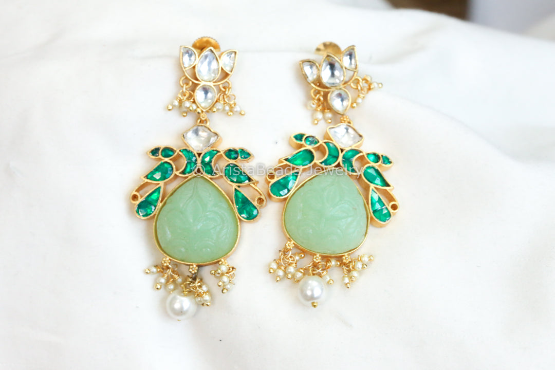 Mint Carved Stone Jadau Kundan Earrings