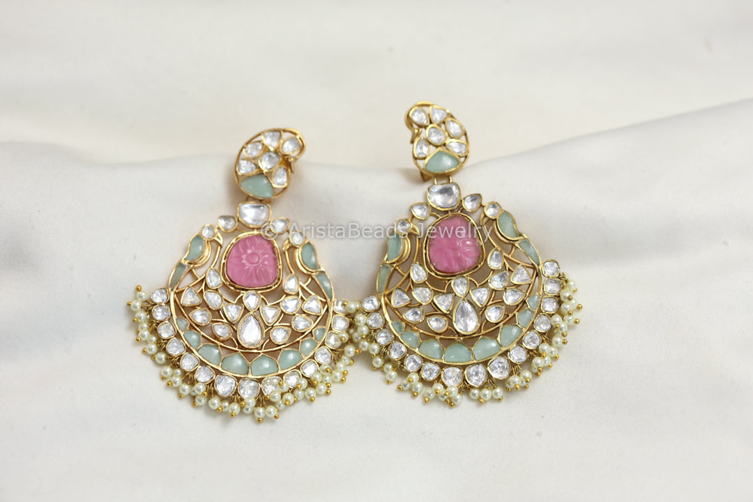 Pink Mint Jadau & Uncut Polki Kundan Chandbaali