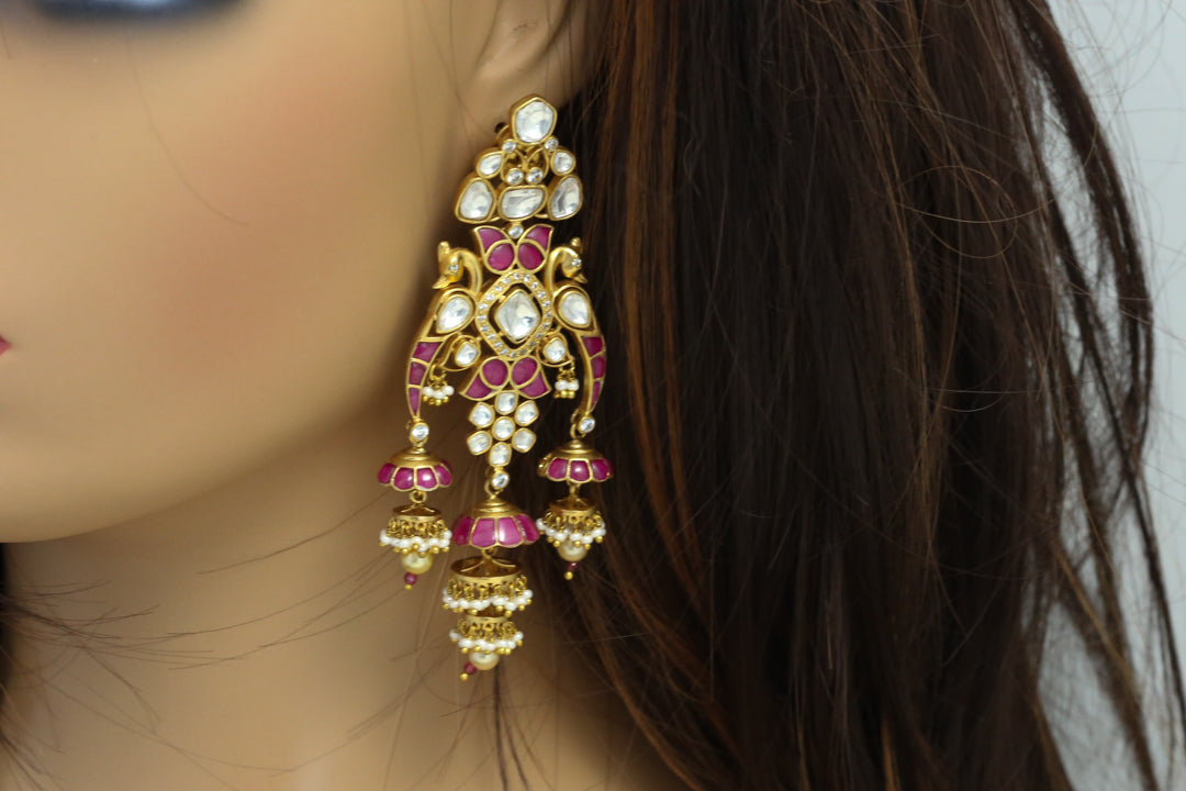 Premium 3 Tier Ruby Jadau & Uncut Kundan Jhumka