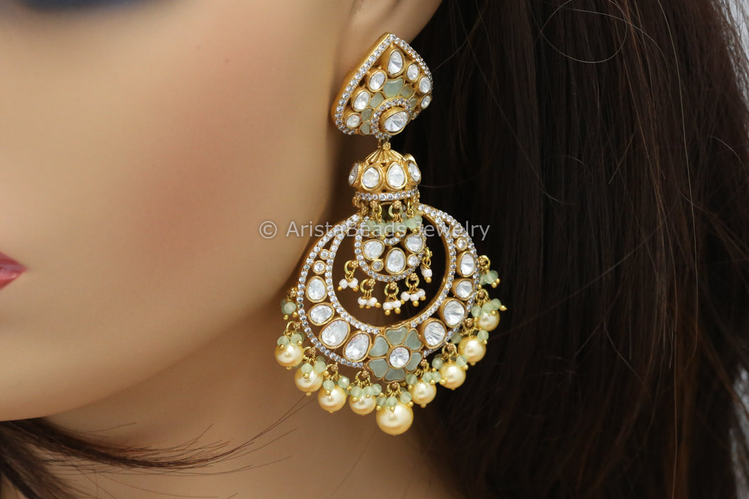 Real Moissanite Mint Kundan Jadau Earrings