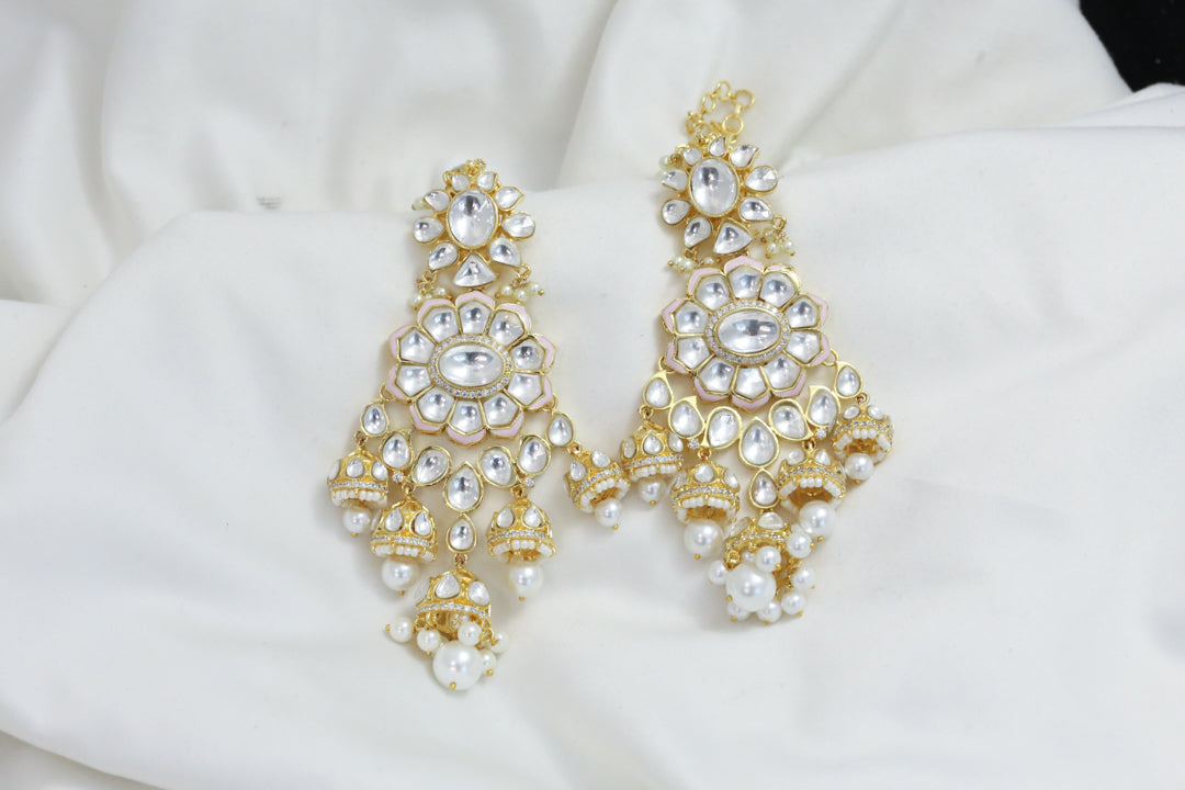Kundan Polki Ear Chain Jhumka -  Pink