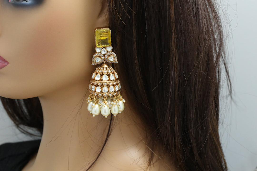 Polki Kundan & Yellow Doublet Jhumka