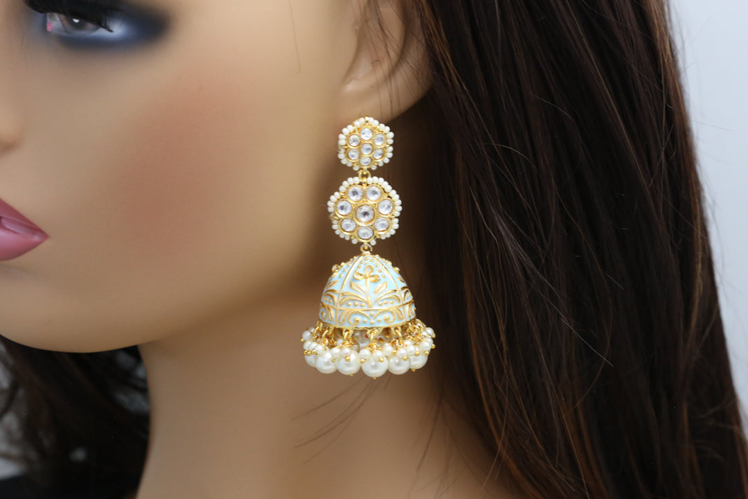 Kundan Polki Enamel Jhumka - Powder Blue