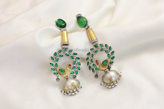 Long Dual Tone Kemp Stone Jhumka - Green