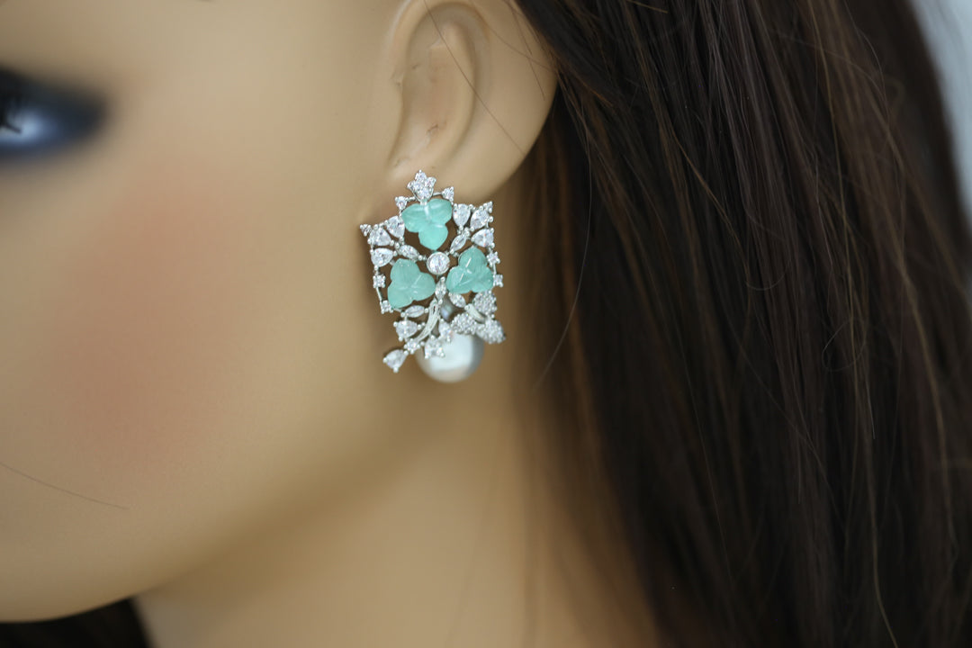 CZ & Carved Stone Pearl Earrings