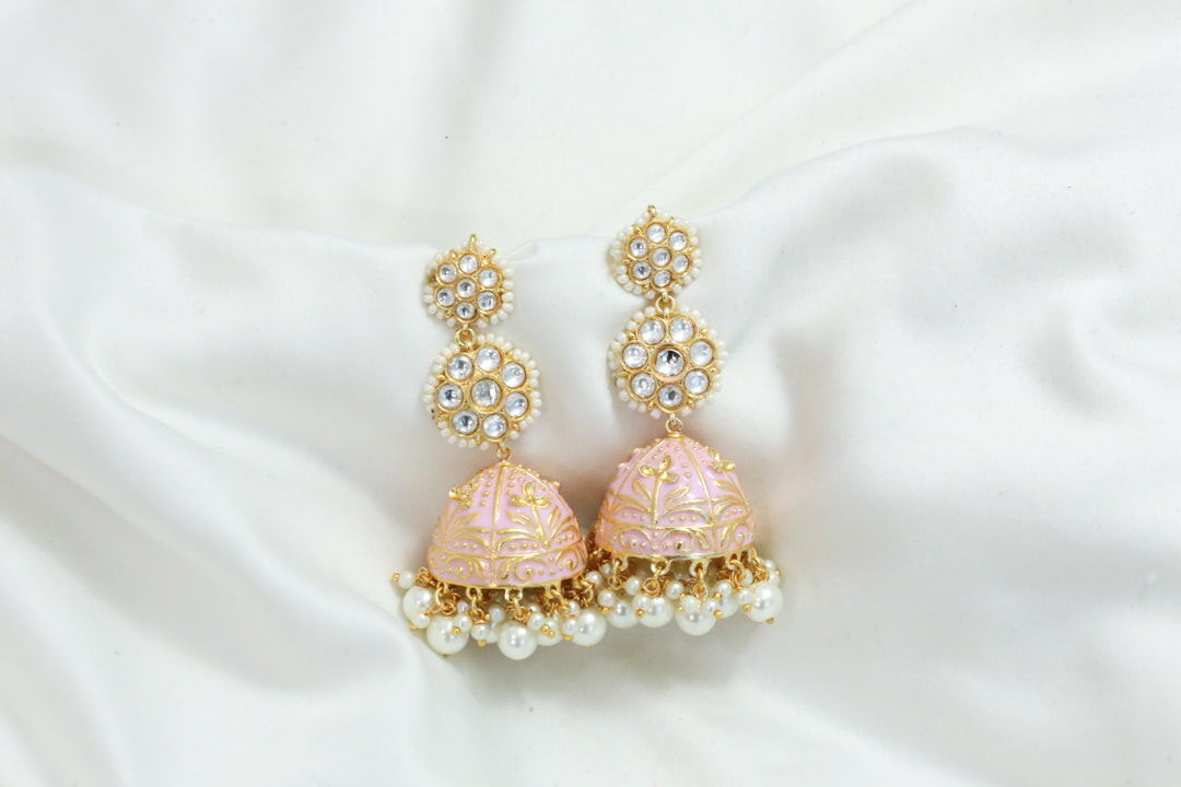 Kundan Polki Enamel Jhumka - Pink