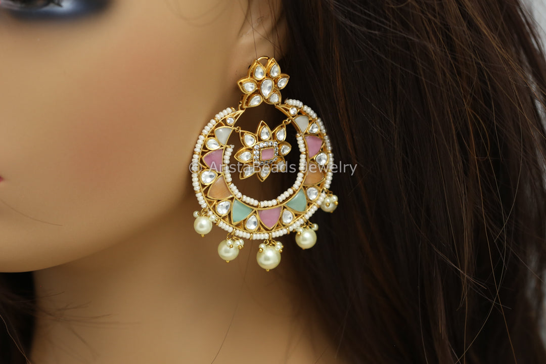 Pastel Jadau & Uncut Polki Kundan Chandbaali
