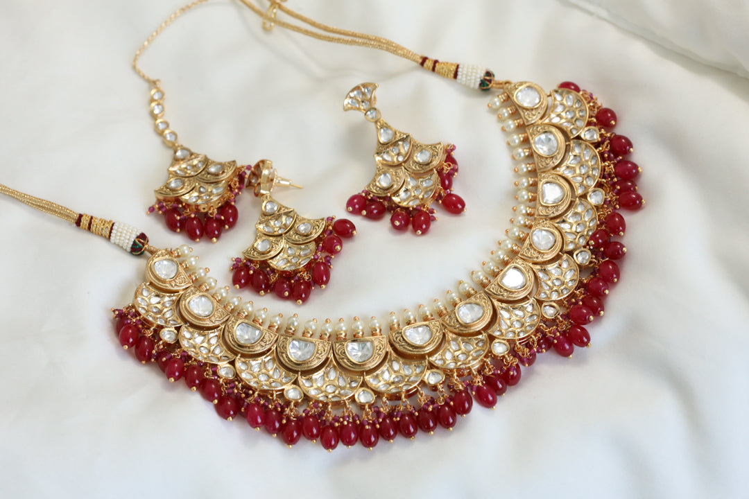 Premium Polki Kundan Necklace Set - Red Drops