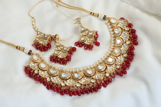 Premium Polki Kundan Necklace Set - Red Drops