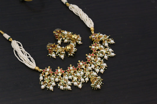 Dainty Pachi Kundan Lotus Necklace Set