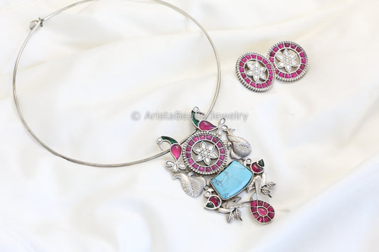 Silver Finish Jadau Look Hasli Set - Turquoise