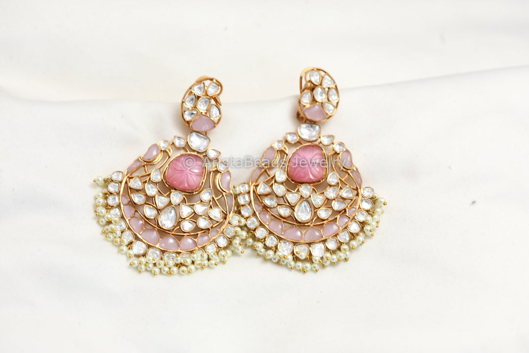 Pink Jadau & Uncut Polki Kundan Chandbaali
