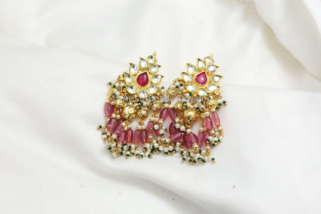 Dainty Pachi Kundan Earrings -Rhodolite Drops