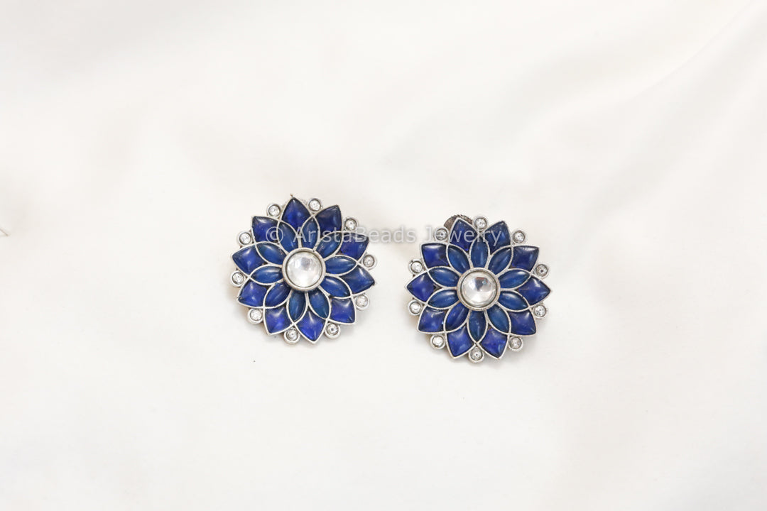 Jadau Kundan Silver Finish Studs -  Blue