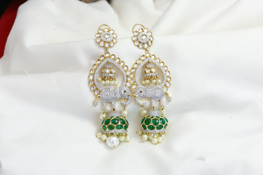 Kundan Polki Chandbaali Jhumka - Green