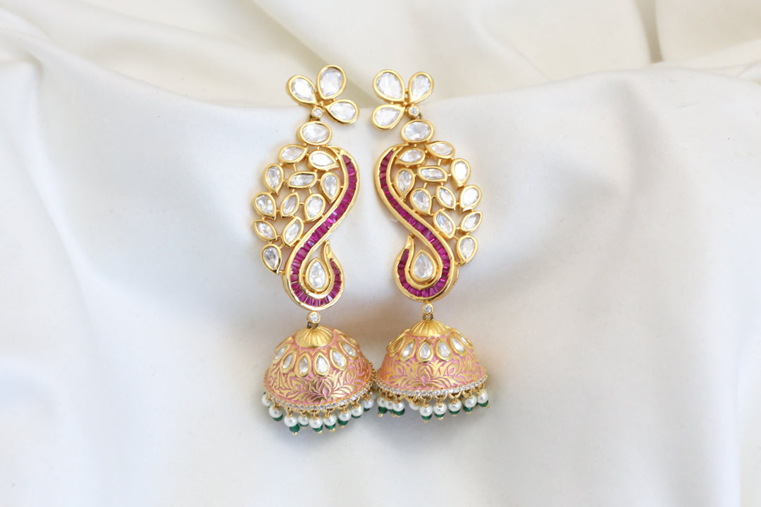 Polki Kundan &  Baguette Ruby Enamel Jhumka