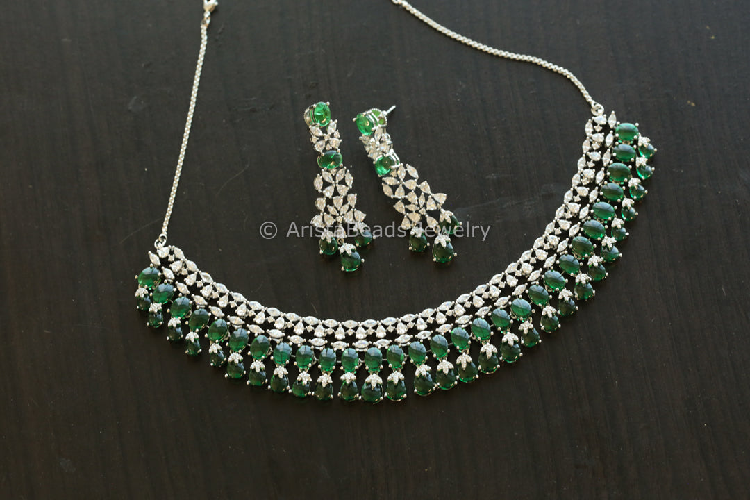 Premium Quality CZ Necklace Set - Green Pota