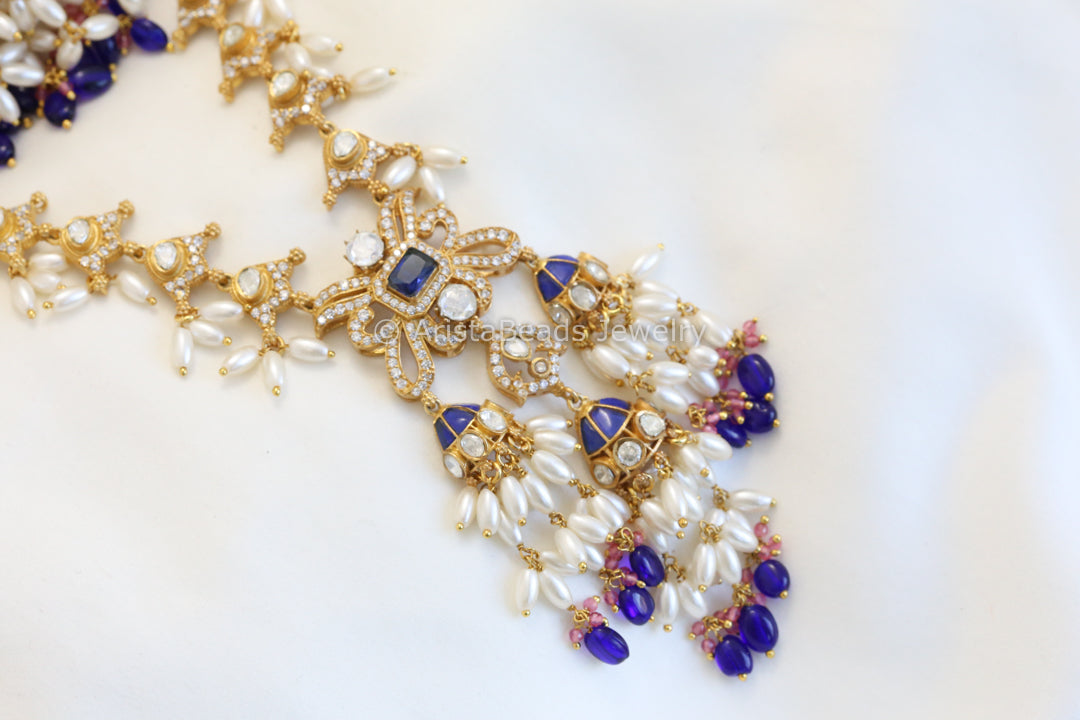 Real Moissanite & Jadau Jhumka Necklace Set - Blue