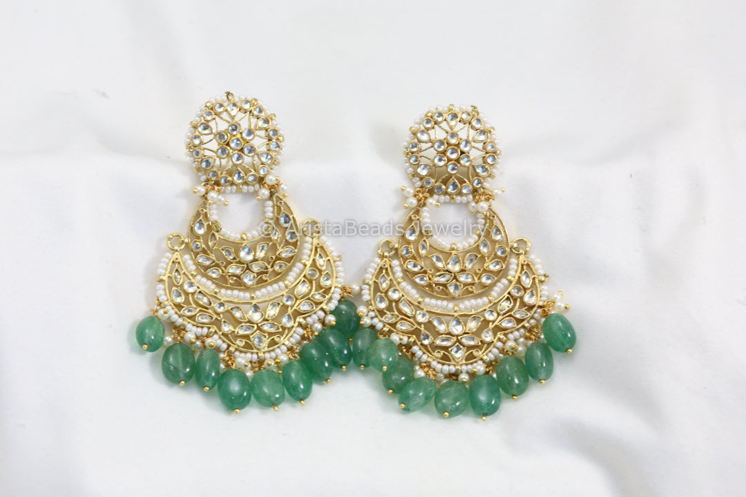 Fine Pachi Kundan Chandbaali - Aventurine Drops