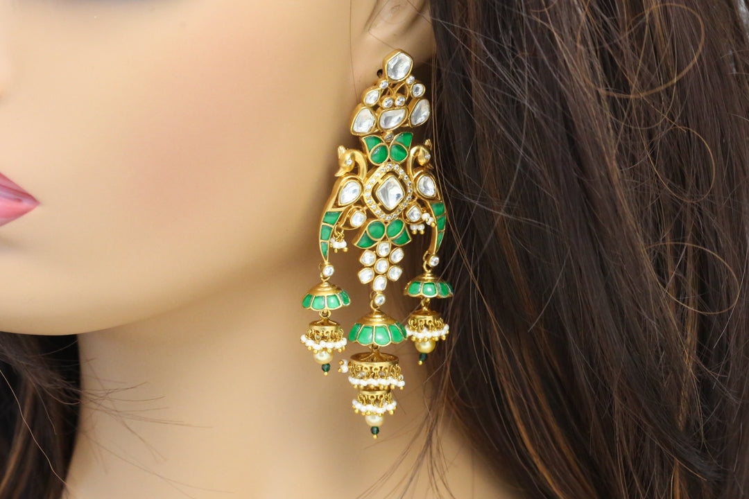 Premium 3 Tier Green Jadau & Uncut Kundan Jhumka