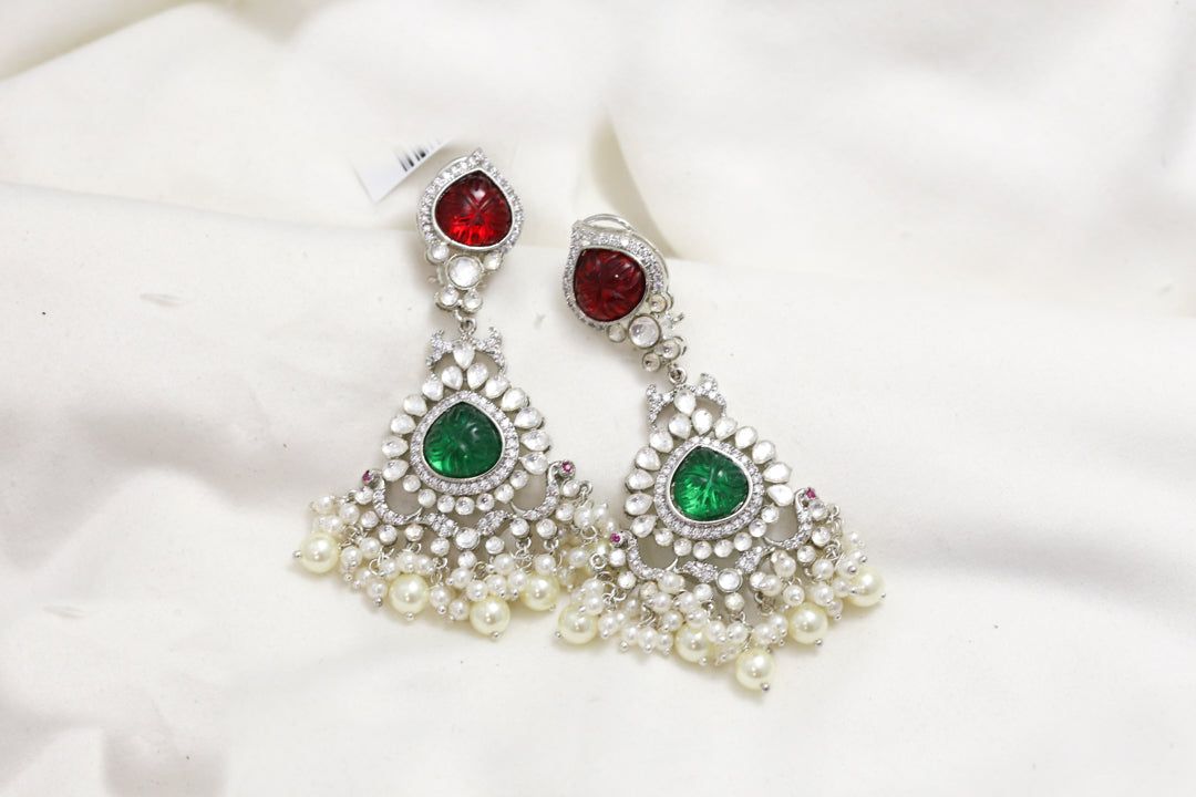 Fine Kundan Polki & CZ Earrings With Carved Stones