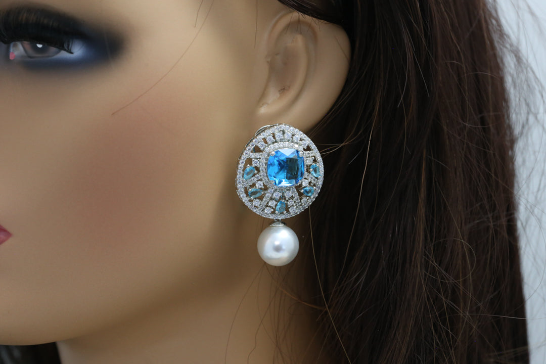 Premium CZ & Pearl Studs - Aquamarine