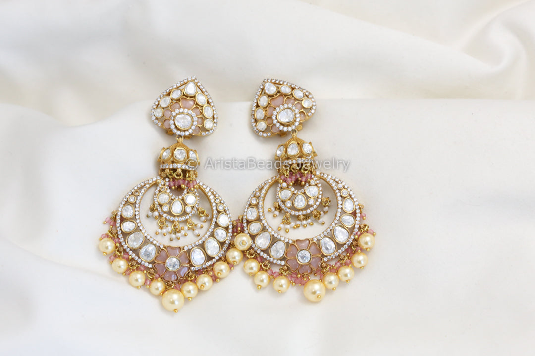 Real Moissanite Pink Kundan Jadau Earrings