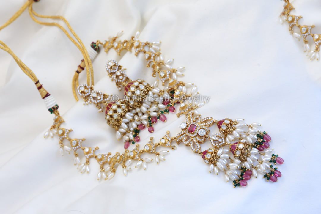 Real Moissanite & Jadau Jhumka Necklace Set - Ruby