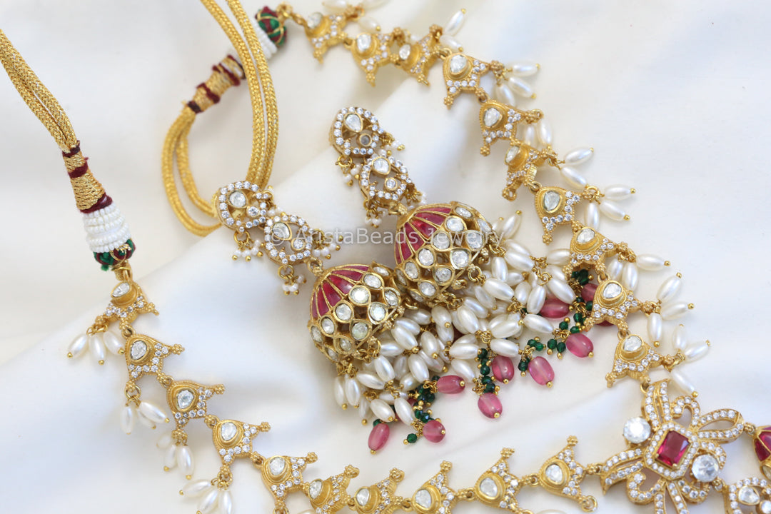 Real Moissanite & Jadau Jhumka Necklace Set - Ruby