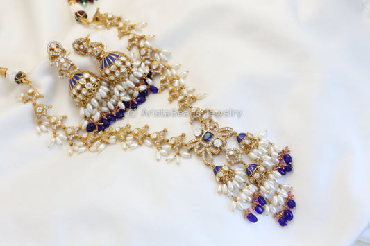 Real Moissanite & Jadau Jhumka Necklace Set - Blue