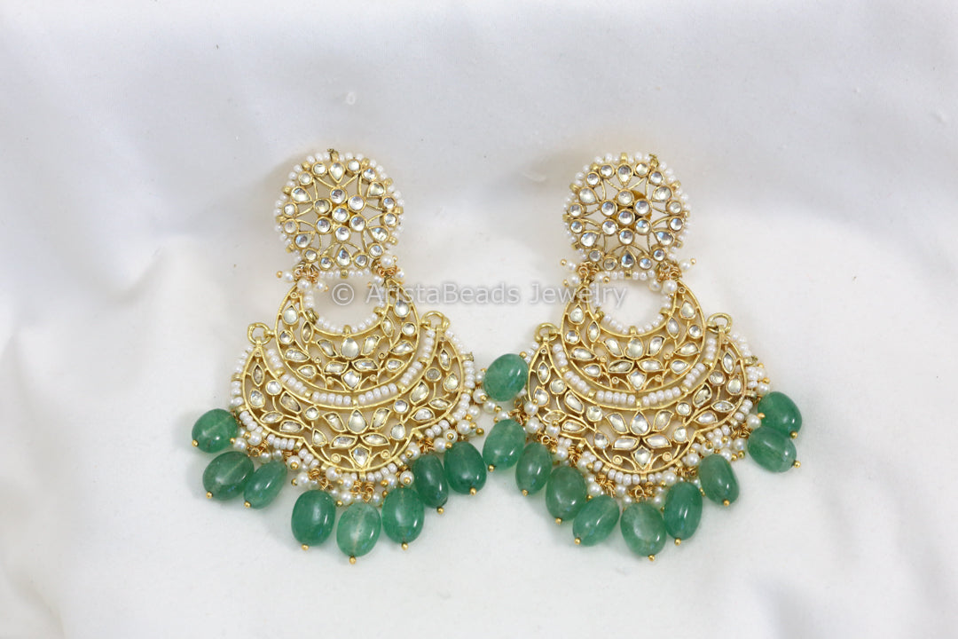 Fine Pachi Kundan Chandbaali - Aventurine Drops