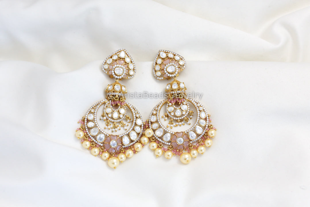 Real Moissanite Pink Kundan Jadau Earrings
