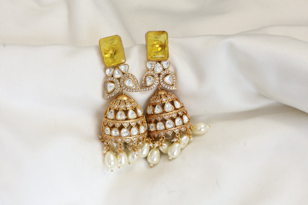 Polki Kundan & Yellow Doublet Jhumka
