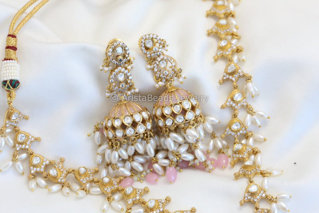 Real Moissanite & Jadau Jhumka Necklace Set - Pink