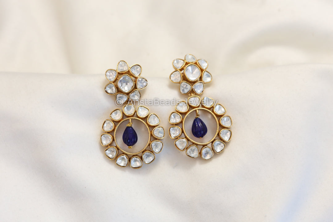 Kundan Polki Earrings - Blue Drops