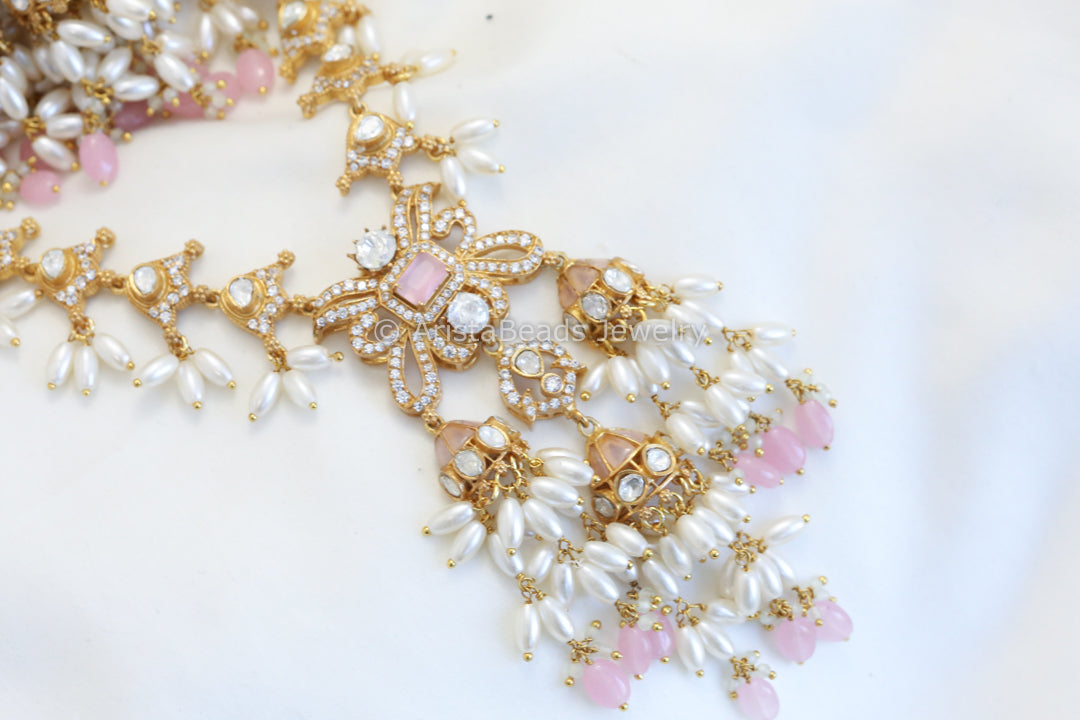 Real Moissanite & Jadau Jhumka Necklace Set - Pink