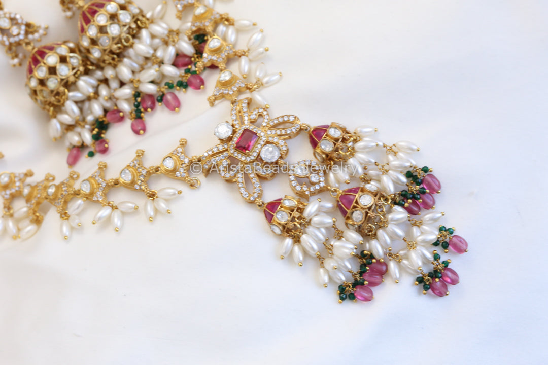 Real Moissanite & Jadau Jhumka Necklace Set - Ruby
