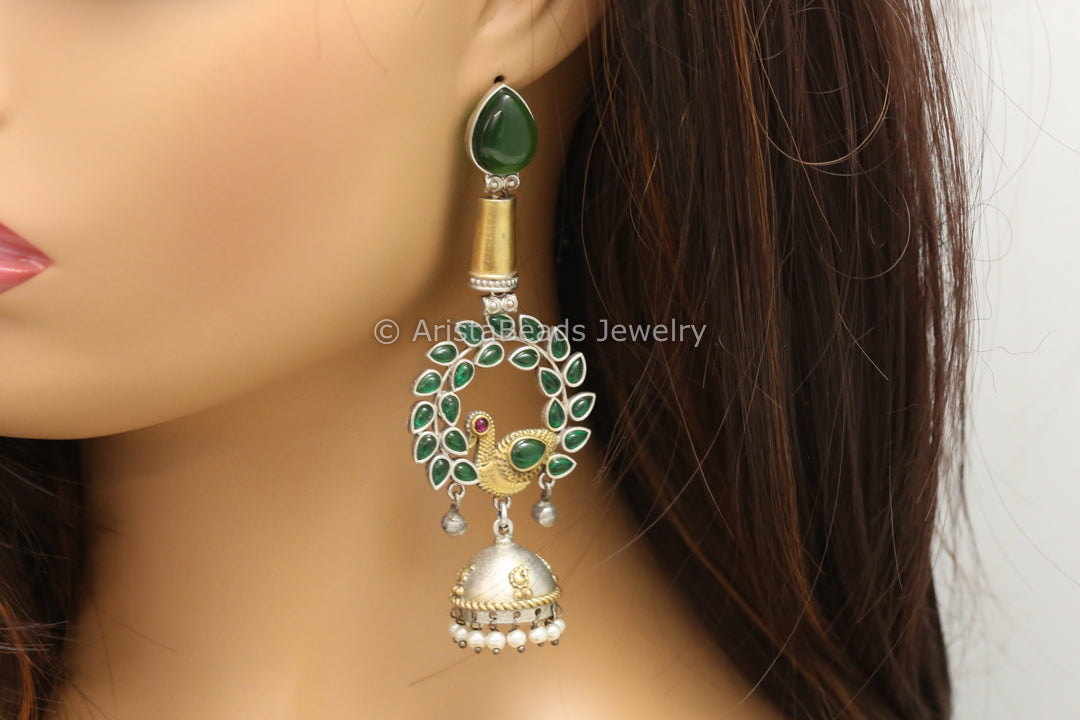 Long Dual Tone Kemp Stone Jhumka - Green