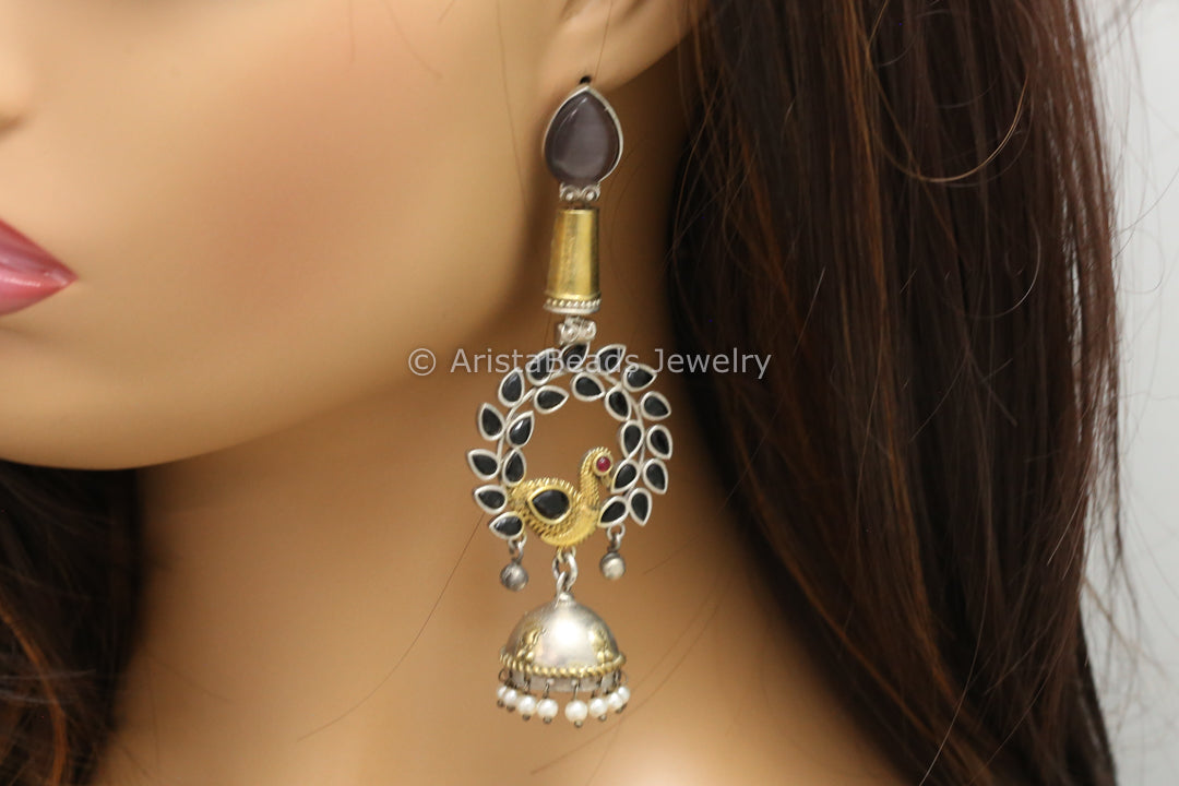 Long Dual Tone Kemp Stone Jhumka - Black