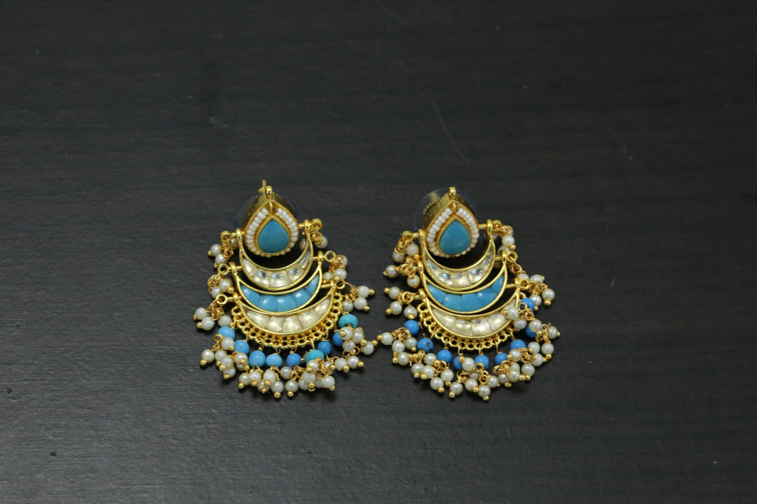 Pachi Jadau Work Chandbaali  - Turquoise