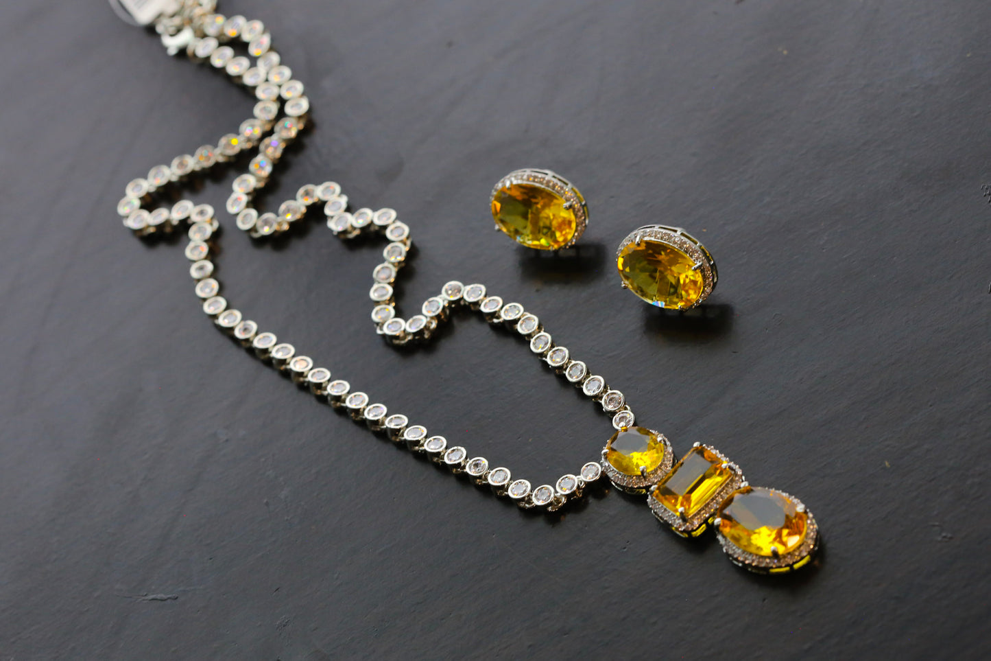 Premium Designer Yellow Sapphire Color CZ Necklace  (103-72)
