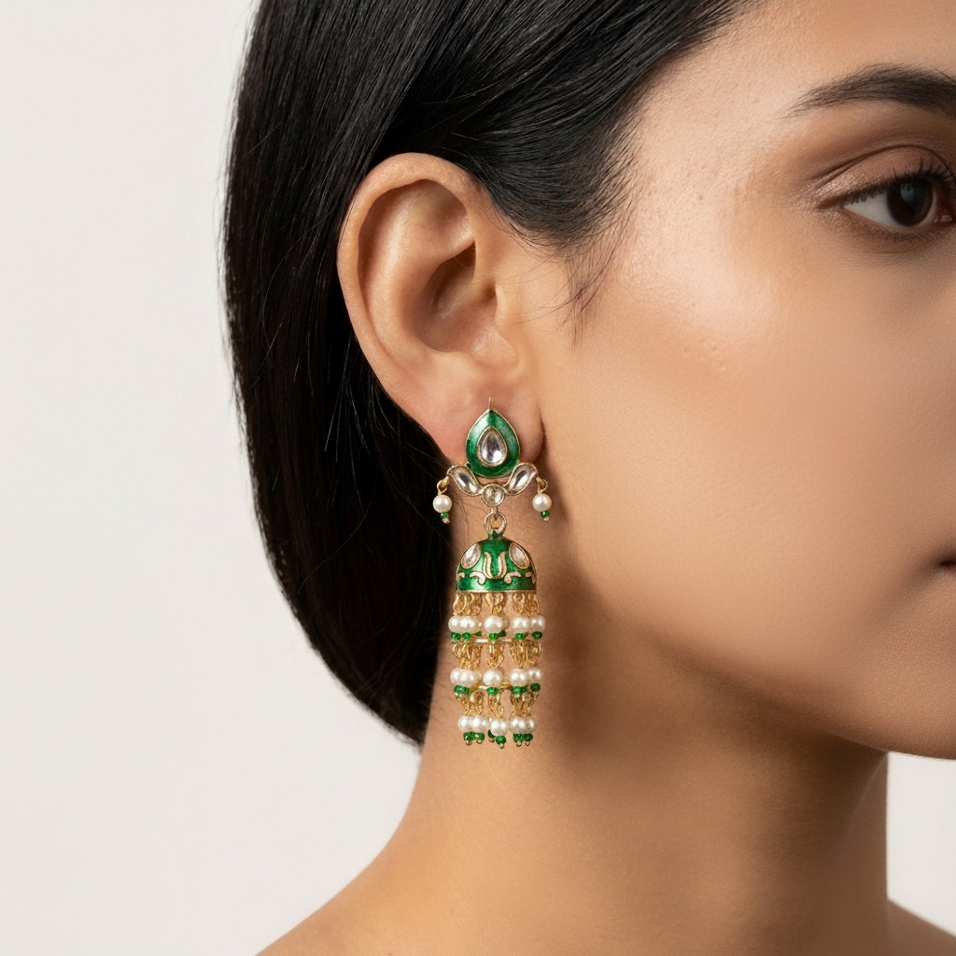 Jadau Kundan Meenakari Jhumka - Green