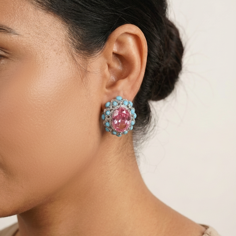 Peony Premium Micro CZ Earrings -  PInk Turquoise